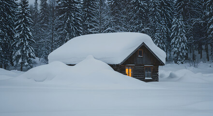 Winter Retreat Cozy Cabin Nestled Under Blanket Of Snow In Forest