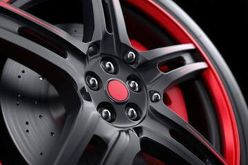Obraz premium Close-up of black and red car wheel rim. sports automotive design and performance