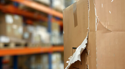 Close-Up of a Torn Shipping Label on a Cardboard Box with Blurred Warehouse Shelves in the Background, Symbolizing Order Cancellations, Logistics Errors, and Failed Deliveries in E-Commerce Business