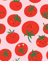 Seamless pattern. Red tomatoes with cute cartoon faces, doodle style