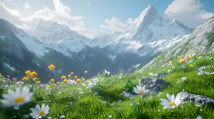 Mountain Meadow with White Flowers 3D Illustration