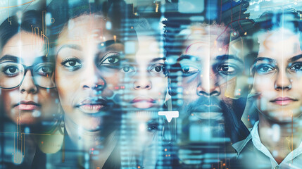 This image features a group of people wearing glasses, with their faces partially overlaid by a digital, futuristic interface. The background is filled with abstract, technological graphics, suggestin