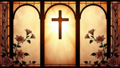 Naklejka premium Funeral flyer design featuring delicate stained glass art with floral patterns and soft lighting
