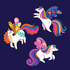 Set of three magic unicorns with beautiful wings in the night. Vector illustration