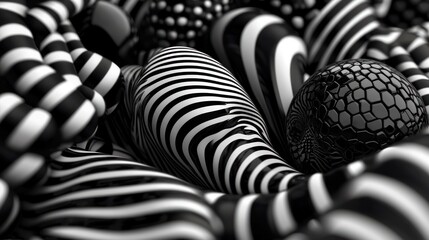 Abstract black and white 3D shapes, swirling forms, geometric shapes