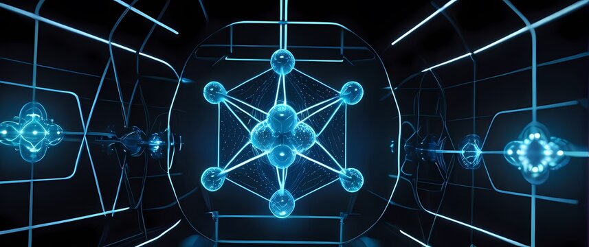 Molecular diagrams rendered with neon glowing nodes and dark tech inspired grids. Extremely detailed high resolution illustration.