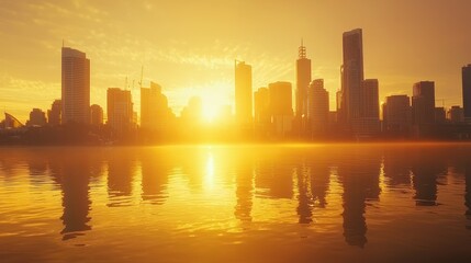 Obraz premium A glowing city skyline reflecting golden light on the water