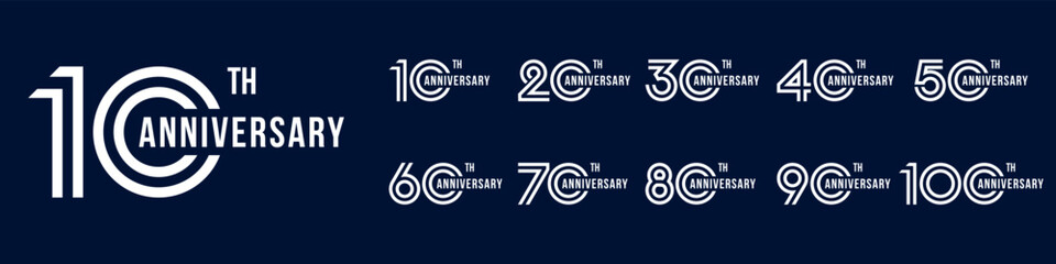 collection anniversary 10 to 100 year logo designs. abstract number for celebration event, wedding, greeting card, and invitation, vector illustration