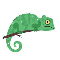 Cute chameleon in flat style. Smiling reptile crawling on a branch.