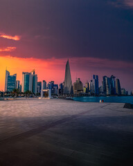 View of city at sunset, Doha, Qatar