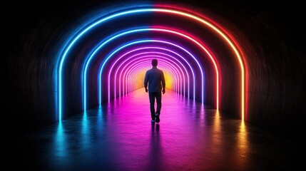 Fototapeta premium Man walks through neon tunnel of light