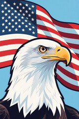 The patriotic symbol of the USA shows a majestic eagle with the waving American flag banner, embodying freedom and national pride with its stars and stripes