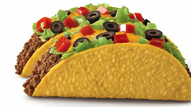 Authentic Mexican Tacos on White Background Featuring Beef, Lettuce, Olives, Cheese and Chopped Tomatoes