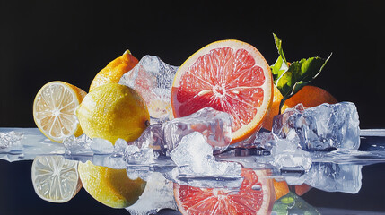 This refreshing image showcases a vibrant assortment of sliced fruits, including grapefruit, lime, lemon, and berries, all set against a backdrop of shimmering ice cubes. The colorful array of fruits 
