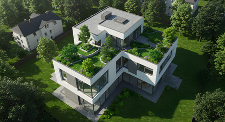 Modern Residence Featuring A Green Roof Design Amidst Verdant Trees