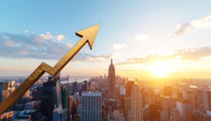 Golden Arrow Rising Above City Skyline at Sunrise - Business Growth Concept