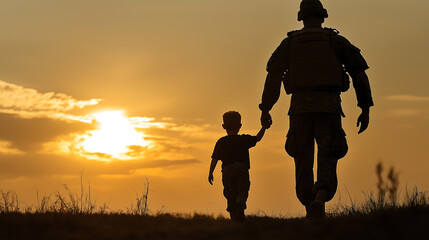 Soldier returning home walking with child at sunset military family