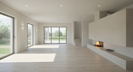 Obraz premium Bright Open Living Room With Fireplace And Garden View In New House