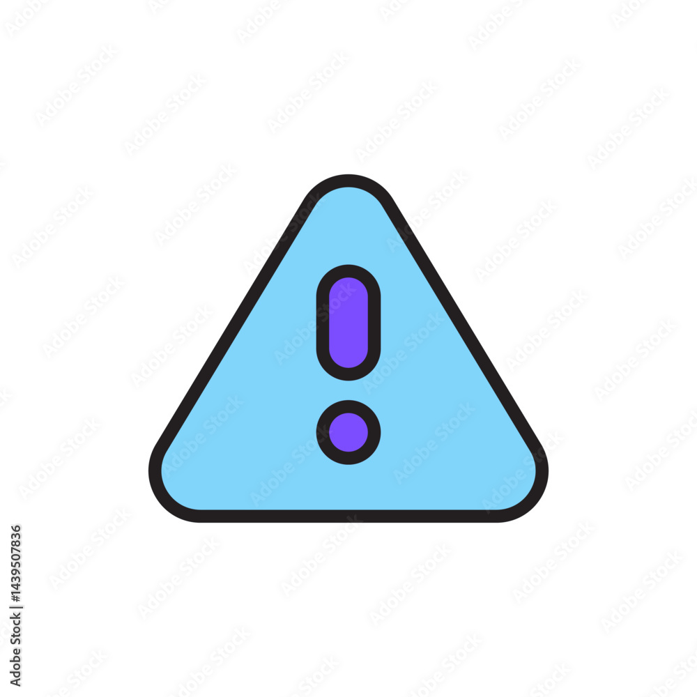 Poster warning alert icon symbol in flat design with triangle shape and exclamation mark in blue and purple