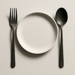 A set of utensils and plates designed in a minimalist style, with a focus on elegant simplicity.
