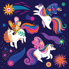 Collection with magic unicorns, comets and stars. Vector illustration in vibrant colours