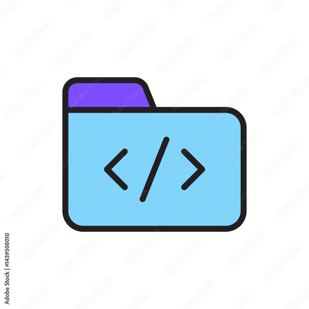 Poster stylized icon of a blue folder with a purple tab featuring code brackets representing digital organi