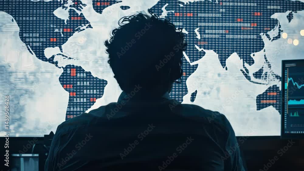 Poster analyzing global data trends with interactive world map in office setting