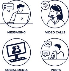 Fototapeta premium Communication Icons Set – Messaging, Video Calls, Social Media, and Online Posts – Minimal Line Style Illustration