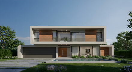 Fototapeta premium Modern Residence With Pool And Lush Landscape on a Beautiful Day