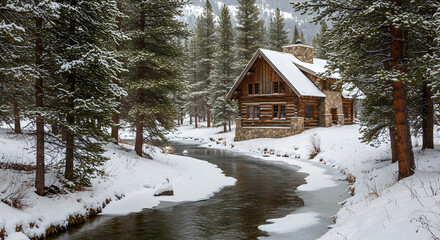 Cozy Cabin Retreat Along Wintry Riverbank Surrounded By Snowy Trees