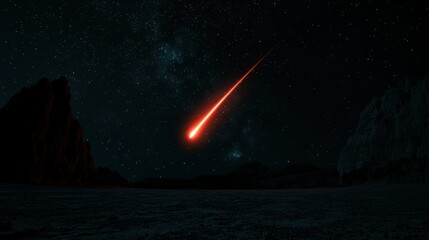 Naklejka premium A fiery meteor streaks across the dark expanse of night sky