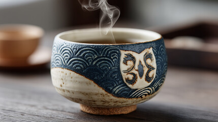 Serene Tea Ceremony: A detailed view captures the essence of a traditional tea ceremony, where steam gracefully rises from a decorative ceramic bowl filled with warm tea.