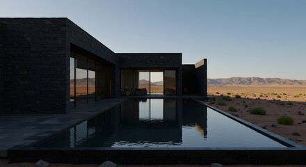 Fototapeta premium Modern House In Desert Landscape With Pool And Open Floor Plan