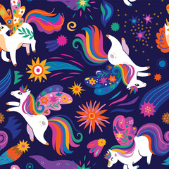 Seamless pattern with magic unicorns, comets and stars. Vector illustration in vibrant colours