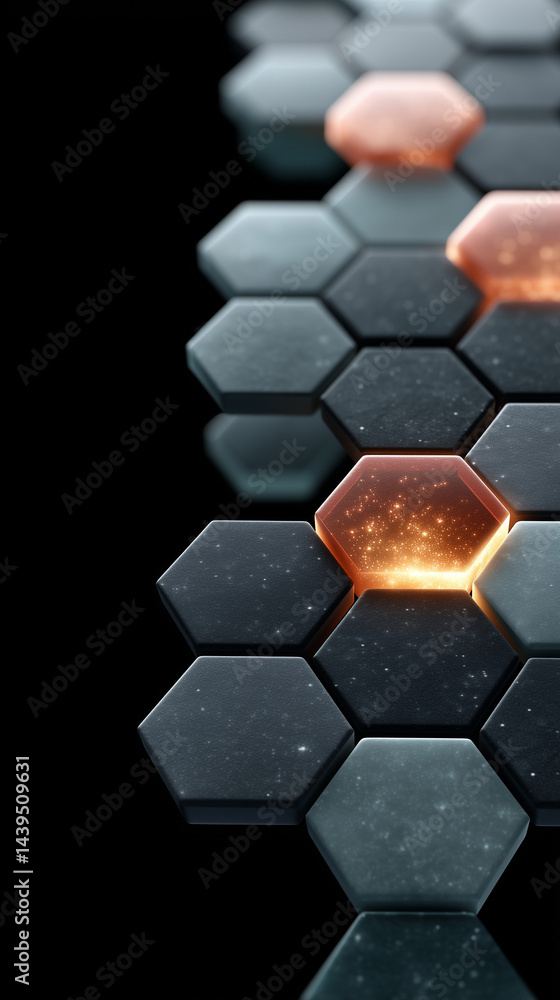 Aufkleber hexagon mosaic: an abstract mosaic of hexagonal tiles, featuring a mix of metallic and dark tones. a