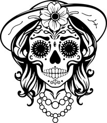 "Elegant Sugar Skull Lady &ndash; Black and White Day of the Dead Vector Art Featuring Floral and Ornamental Details with Vintage Accessories"