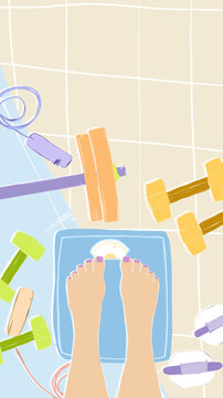 Illustration of feet on a weighing scale surrounded by fitness equipment