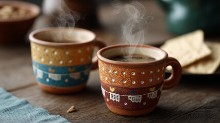 Warm Brew Ritual: Two ceramic mugs, adorned with rustic charm, brim with freshly brewed, steaming coffee, inviting you to savor the rich aroma and warmth.