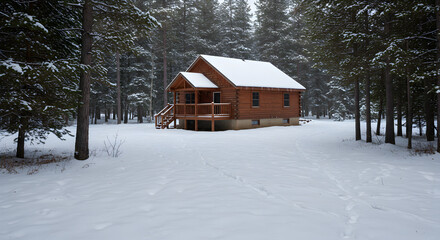 Cozy Cabin Retreat Nestled Among Snow Covered Trees in Winter Season