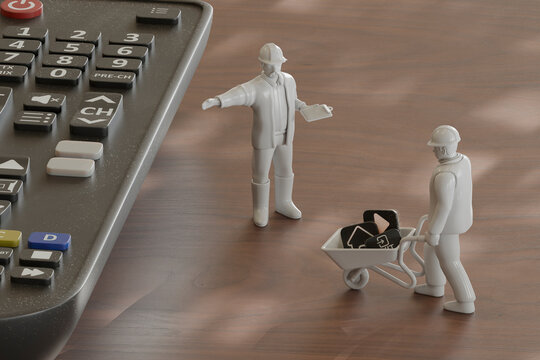 Miniature construction workers interacting with a remote control in a 3D scene
