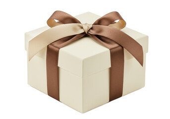 Obraz premium A cream colored gift box with a brown and beige ribbon and bow on top