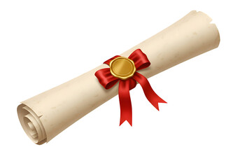 Graduation diploma certificate scroll with red ribbon isolated on transparent background