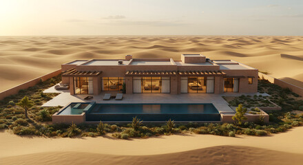 Obraz premium Modern Villa Oasis In Desert Landscape With Swimming Pool And Garden