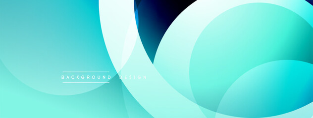 Abstract background features overlapping circles. Blue, teal, white hues create modern design. Minimalist aesthetic, smooth gradients present.