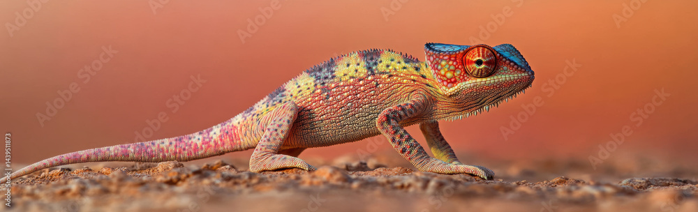 Poster vibrant lizard with colorful patterns and textures, showcasing its unique features against blurred b