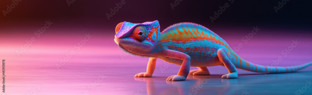 Poster vibrant chameleon with colorful patterns stands reflective surface, showcasing its unique texture an