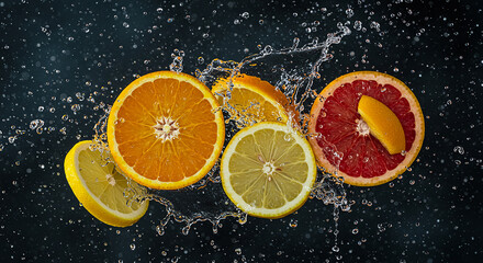 Orange Lemon Grapefruit with Water Splashes