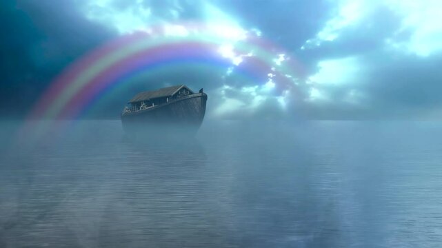 Bible story Noah's Ark floats on water in the middle of a flood and rainbow  3d render