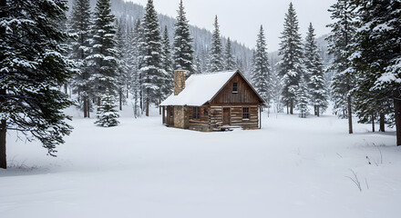 Winter Cabin In Snowy Forest Landscape Retreat For Christmas Holiday
