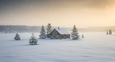 Winter Scene Of A Cozy Log Cabin Surrounded By Snow Covered Trees